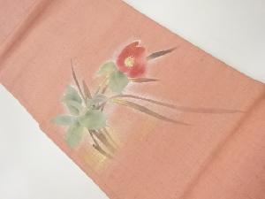手織り紬金彩手描き椿模様名古屋帯